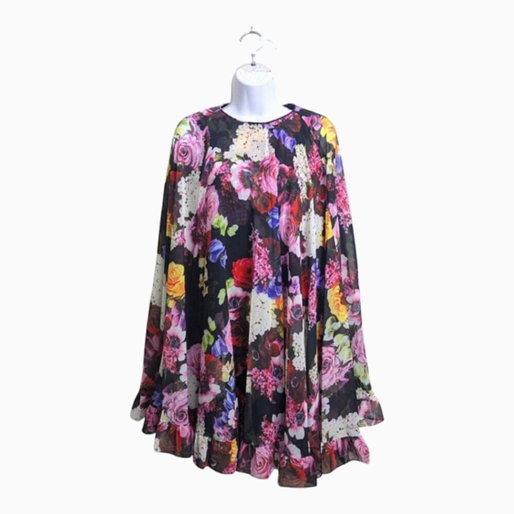 NWT IEENA x Mac Duggal Floral Chiffon Cape Mini Dress Size 2 Ruffle-Embellished